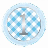 BALÓNIK fóliový 1. narodeniny modré káro 45cm