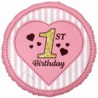 Balónik fóliový 1. narodeniny ružový 45 cm