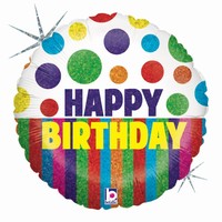 Balónik fóliový Happy Birthday Bodky a prúžky 46 cm