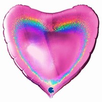 BALÓNEK fóliový Srdce holografické glitrové růžové 91cm