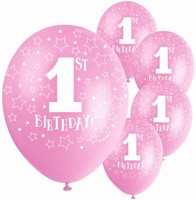 Balóniky latexové 1. narodeniny perleťovo ružové 30 cm 5 ks