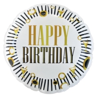 Balónik fóliový Happy Birthday prúžky a kolieska čierna/zlatá 46 cm