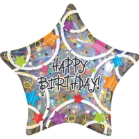 Balónik fóliový holografická hviezda Happy Birthday 45 cm