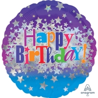 Balónik fóliový okrúhly Happy Birthday holografické hviezdy 45 cm