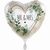 Balónik fóliový srdce Mr&Mrs Listy 43 cm