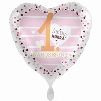 Balónik fóliový srdce ružové "Hurá 1. narozeniny" 43 cm