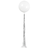 Balónik latexový, biely so strieborným strapcom 61 cm