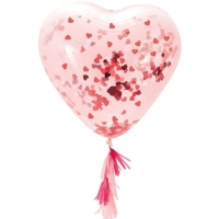 Balónik latexový transparentný s konfetami a strapcami Srdce 91 cm