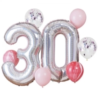 Balónový buket mix s číslicou 30 ružová/strieborná