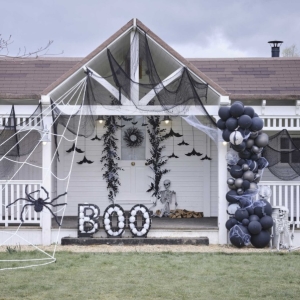 Set pro balónkový oblouk a fotopozadí s netopýry a stuhami 75 ks balónků