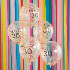 Balónky latexové transparentní  Hello 30 s konfetami 30 cm 5 ks