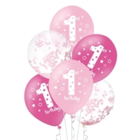 Balóniky latexové 1. narodeniny mix ružové 30 cm, 6 ks