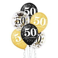 Balóniky latexové 50. narodeniny čierna/zlatá mix 30 cm, 6 ks