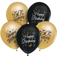 Balniky latexov Happy 50 Birthday ierna/zlat 30 cm 5 ks