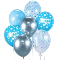 Balóniky latexové Happy Birthday strieborné/modré s bodkami 30 cm 7 ks