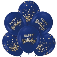 Balniky latexov Happy Birthday tmavo modr/zlat 30 cm, 6 ks