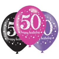 Balóniky latexové Sparkling Happy Birthday ružové "50" 27,5 cm 6 ks