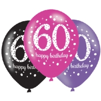 Balóniky latexové Sparkling Happy Birthday ružové "60" 27,5 cm 6 ks