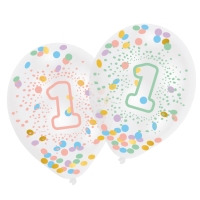 Balóniky latexové s dúhovými konfetami Prvé narodeniny 6 ks