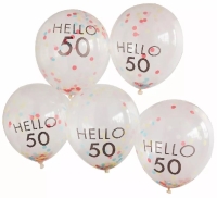 Balóniky latexové transparentné Hello 50 s konfetami 30 cm 5 ks