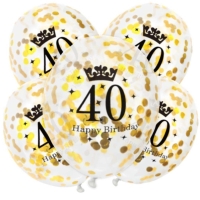 Balóniky latexové transparentné s konfetami 40. narodeniny zlaté 30 cm, 1 ks