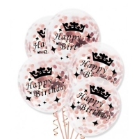 Balniky latexov transparentn s konfetami Happy Birthday Rose Gold 30 cm, 1 ks