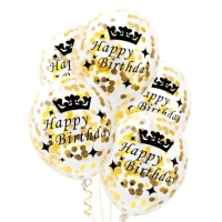 Balóniky latexové transparentné s konfetami Happy Birthday zlaté 30 cm, 1 ks