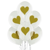Balóniky latexové transparentné so zlatými srdiečkami 30 cm, 6 ks