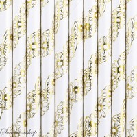 Slamky papierové, biele so zlatými margarétami 19,5 cm (10 ks)