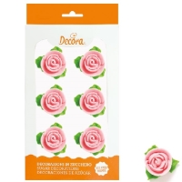 Cukrové dekorácie Ružičky s lístkami ružové 3 cm 6 ks