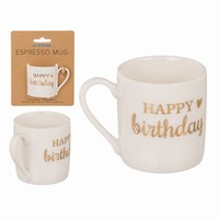 Darčekový hrnček na espresso zlatý nápis Happy Birthday