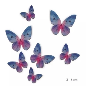 Dekorace na dort z jedlého papíru Motýli modro/růžoví 3-6 cm 79 ks