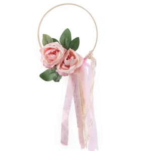 Dekorace svatební Kruh s květy a stuhou růžový 19,5 cm