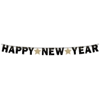 Girlanda papierová Happy New Year čierna, zlaté hviezdy, 180 cm