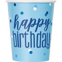 Tgliky papierov Happy Birthday modr s bodkami 270 ml 8 ks