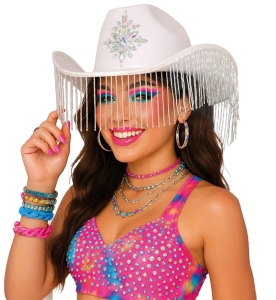 Klobouk kovbojsk� b�l� s t��sn�mi