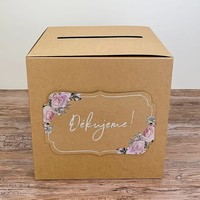 SVADOBNÝ BOX na želanie prírodný s kvetinovým dekorom a nápisom Ďakujeme 24x24x24cm