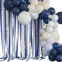 Set balónikov a papierových stúh na výrobu fotopozadia modrá/krémová/strieborná