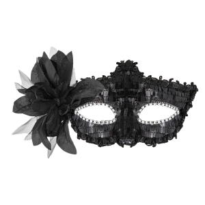 Škraboška černá s flitry a květinou