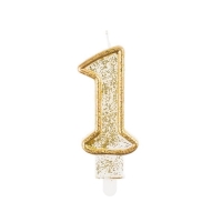 Sviečka číslo 1 zlatý obrys s glitrami 8 cm