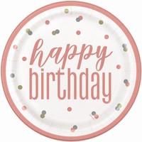 Taniere papierové Happy Birthday ružové bodky 22 cm, 8 ks