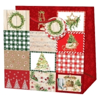 Taška darčeková štvorcová Vianočný patchwork červená/zelená 15x14,5x6 cm