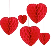 Závesná dekorácia plástovové srdce červené 5 ks
