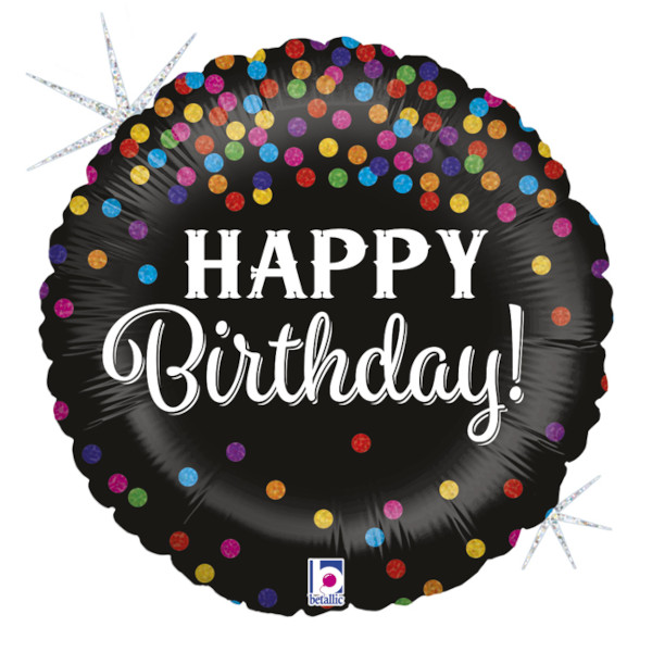 Balónik fóliový Happy Birthday čierny s konfetami 46 cm