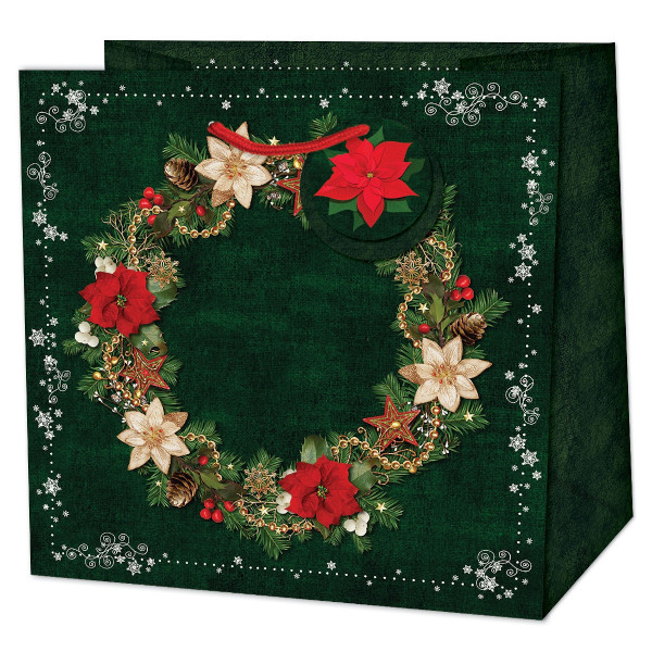 Taška darčeková Medium zelená Vianočný veniec 20 x 20 x 9 cm