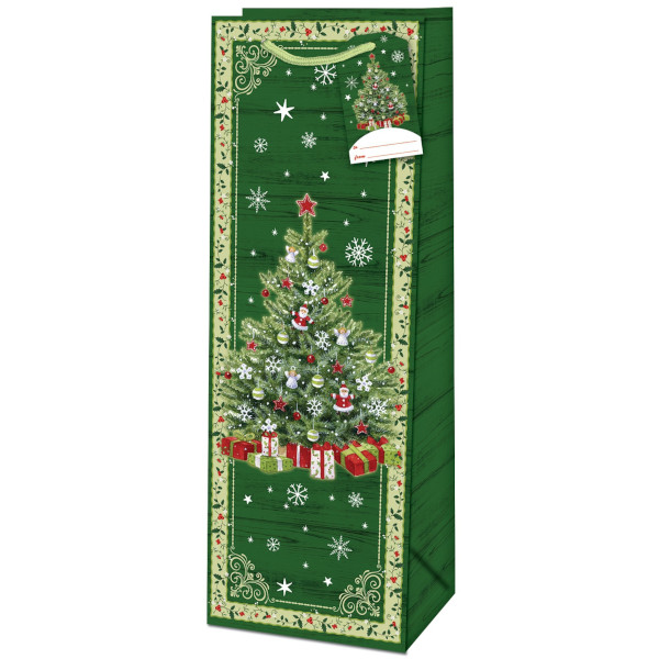 Taška darčeková na fľašu zelená Vianočný stromček 36 x 12,6 x 8,9 cm