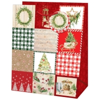Taška darčeková Medium Vianočný patchwork červená/zelená 19 x 10,2 x 23 cm